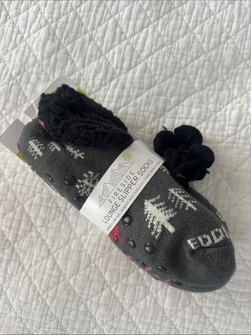 Eddie Bauer Gray Fair Isle Lounge Slipper Socks with Pom-Poms